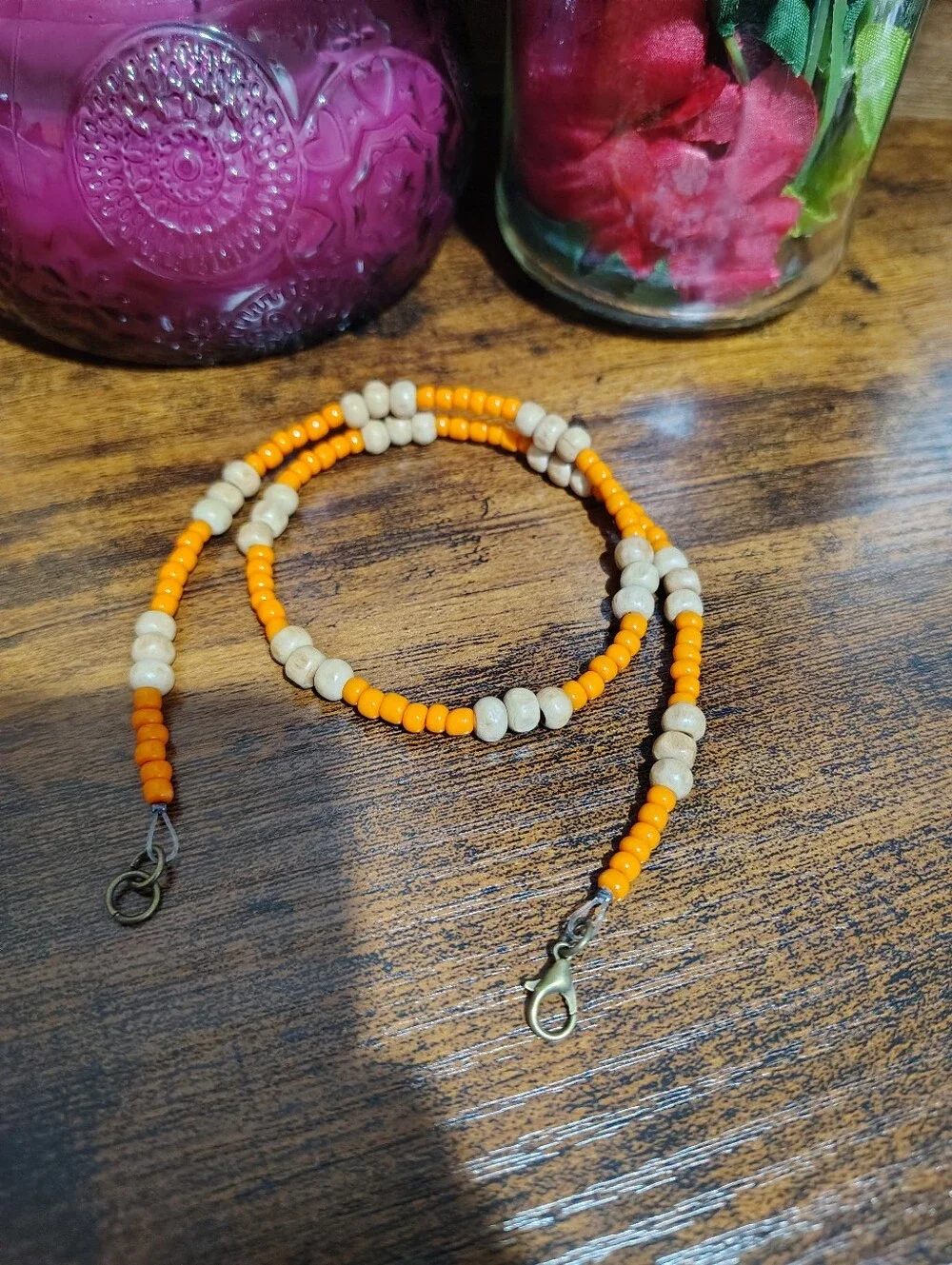 Handmade Orange  Beaded Men's Necklace With Wood Beads
